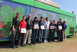 From left to right, Cashman Middle School Principal Misti Taton, Tyler Stevens, Cashman Middle School Art teacher David Vivo, Emily Tung, Armando Avila, Jose Cervantes, Delal Mohamed, Anthony Earl, Heather Macias-Padron, CCSD Trustee Board member Kevin Child, RTC general manager Tina Quigley celebrate the seventh annual RTC Earth Day Art contest. From left to right, Cashman Middle School Principal Misti Taton, Tyler Stevens, Cashman Middle School Art teacher David Vivo, Emily Tung, Armando Avila, Jose Cervantes, Delal Mohamed, Anthony Earl, Heather Macias-Padron, CCSD Trustee Board member Kevin Child, RTC general manager Tina Quigley celebrate the seventh annual RTC Earth Day Art contest.