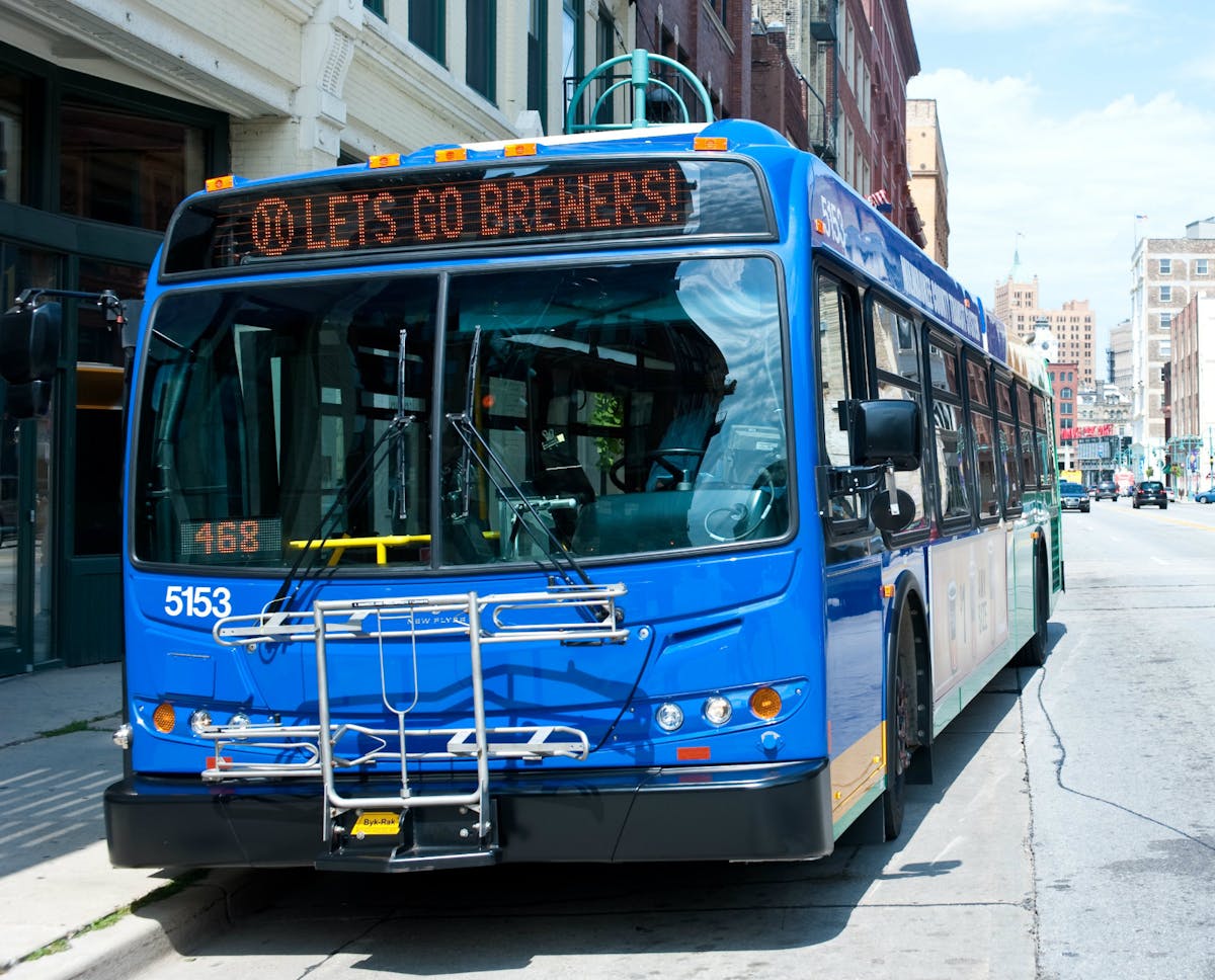 MCTS Route 90 displays &apos;Let&apos;s Go Brewers&apos; on front during game day so riders know it will take them to Miller Park.
