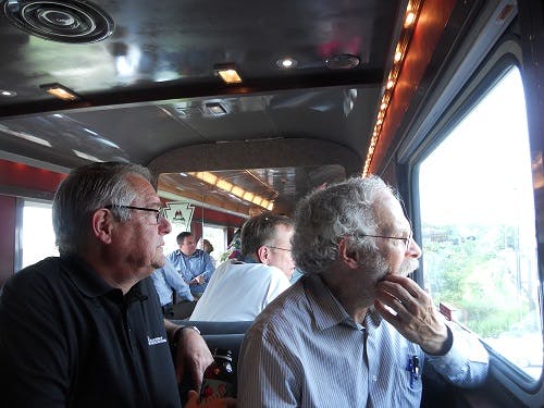 Photo of Robert C. VanderClute (left) and Joshua D. Coran (right) on an inspection trip of the American Association of Railroad Superintendents.