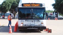 Star Tran Operator Thomas Stewart hits several cones while trying to back in while turning during the bus Roadeo.