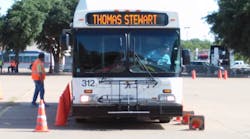 Star Tran Operator Thomas Stewart hits several cones while trying to back in while turning during the bus Roadeo.