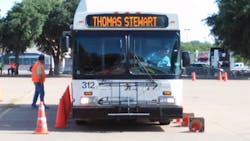 Star Tran Operator Thomas Stewart hits several cones while trying to back in while turning during the bus Roadeo. Star Tran Operator Thomas Stewart hits several cones while trying to back in while turning during the bus Roadeo.