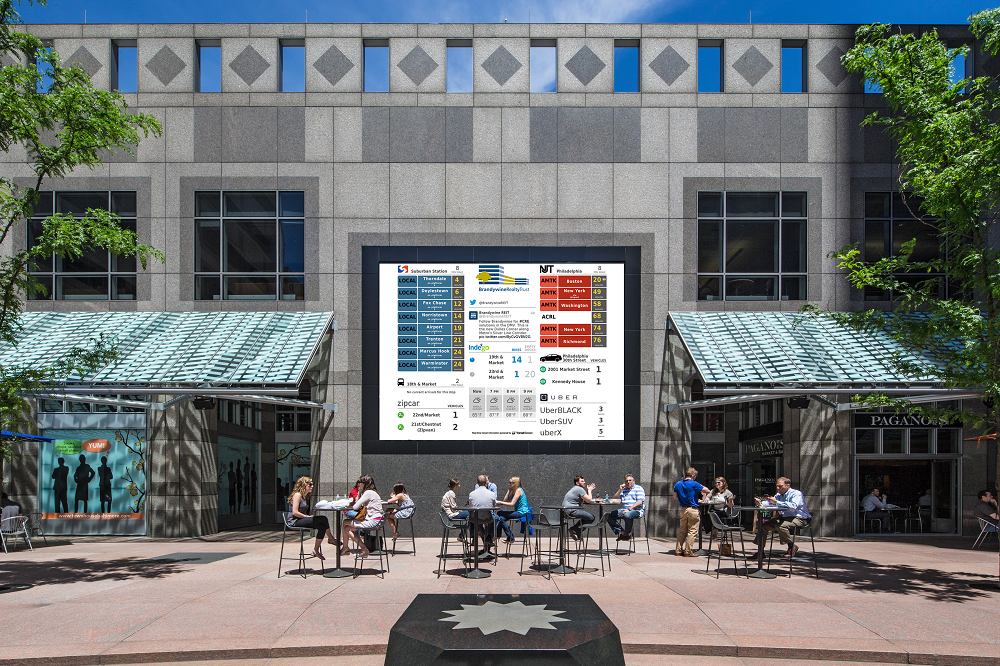 A rendering of a TransitScreen installation that will inform people in Philadelphia about transit information.