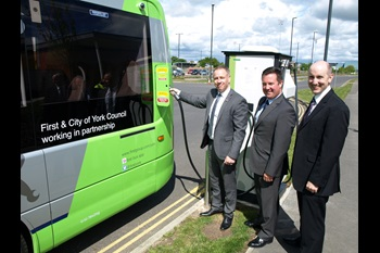 From left to right, Will Pearson, business manager for First Bus; Tim Matthews, head of sales from Optare; Andrew Bradley sustainable transport manager at city of York Council.