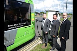 From left to right, Will Pearson, business manager for First Bus; Tim Matthews, head of sales from Optare; Andrew Bradley sustainable transport manager at city of York Council. From left to right, Will Pearson, business manager for First Bus; Tim Matthews, head of sales from Optare; Andrew Bradley sustainable transport manager at city of York Council.