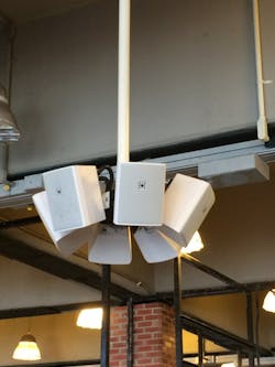 The chandelier formations consisting of six loudspeakers each, which he says provide a level of coverage and intelligibility that previously required 40 loudspeakers. The chandelier formations consisting of six loudspeakers each, which he says provide a level of coverage and intelligibility that previously required 40 loudspeakers.