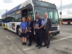 From left to right, Lyn Simons, Bus Operator of the Year; Catherine McLendon, Part-Time Operator of the Year; James Hilliard, Max Operator of the Year join TriMet General Manager Neil McFarlane. From left to right, Lyn Simons, Bus Operator of the Year; Catherine McLendon, Part-Time Operator of the Year; James Hilliard, Max Operator of the Year join TriMet General Manager Neil McFarlane.