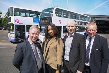 From left to right, Bob Dorr, business manager, First Leeds; Victoria Walker, bus users; Iain Simpson, Keighley Bus Museum; Jeff Howarth, bus driver in Leeds with 39 years service who has driven both buses.