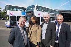 From left to right, Bob Dorr, business manager, First Leeds; Victoria Walker, bus users; Iain Simpson, Keighley Bus Museum; Jeff Howarth, bus driver in Leeds with 39 years service who has driven both buses. From left to right, Bob Dorr, business manager, First Leeds; Victoria Walker, bus users; Iain Simpson, Keighley Bus Museum; Jeff Howarth, bus driver in Leeds with 39 years service who has driven both buses.