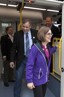 Oregon Gov. Kate Brown, U.S. Sen. Jeff Merkley and TriMet General Manager Neil McFarlane complete the first ride on the future Max Orange Line. Oregon Gov. Kate Brown, U.S. Sen. Jeff Merkley and TriMet General Manager Neil McFarlane complete the first ride on the future Max Orange Line.