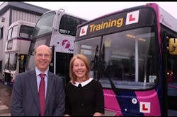 Managing director of First Bus Giles Fearnley, and Linda Guthrie, First's head of driver training. Managing director of First Bus Giles Fearnley, and Linda Guthrie, First's head of driver training.