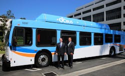 OCTA Chairman Jeff Lalloway, also Irvine’s mayor pro tem, (left) and OCTA CEO Darrell Johnson stand in front of the redesigned OCTA bus, which will soon roll out on Orange County streets. OCTA Chairman Jeff Lalloway, also Irvine’s mayor pro tem, (left) and OCTA CEO Darrell Johnson stand in front of the redesigned OCTA bus, which will soon roll out on Orange County streets.