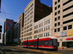 A conceptual rendering shows a Liberty Modern Streetcar traveling along Woodward Avenue using an onboard energy storage system. A conceptual rendering shows a Liberty Modern Streetcar traveling along Woodward Avenue using an onboard energy storage system.