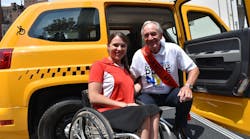 Mobility Ventures, spokesperson Kristina Rhodes, and Former Senator Tom Harkin, architect of the American&apos;s with Disability Act (ADA), pose in the entrance of a new MV-1 vehicle. The new 2016 MV-1 was unveiled at the New York City Disability Pride Parade where Mobility Ventures was the lead sponsor.