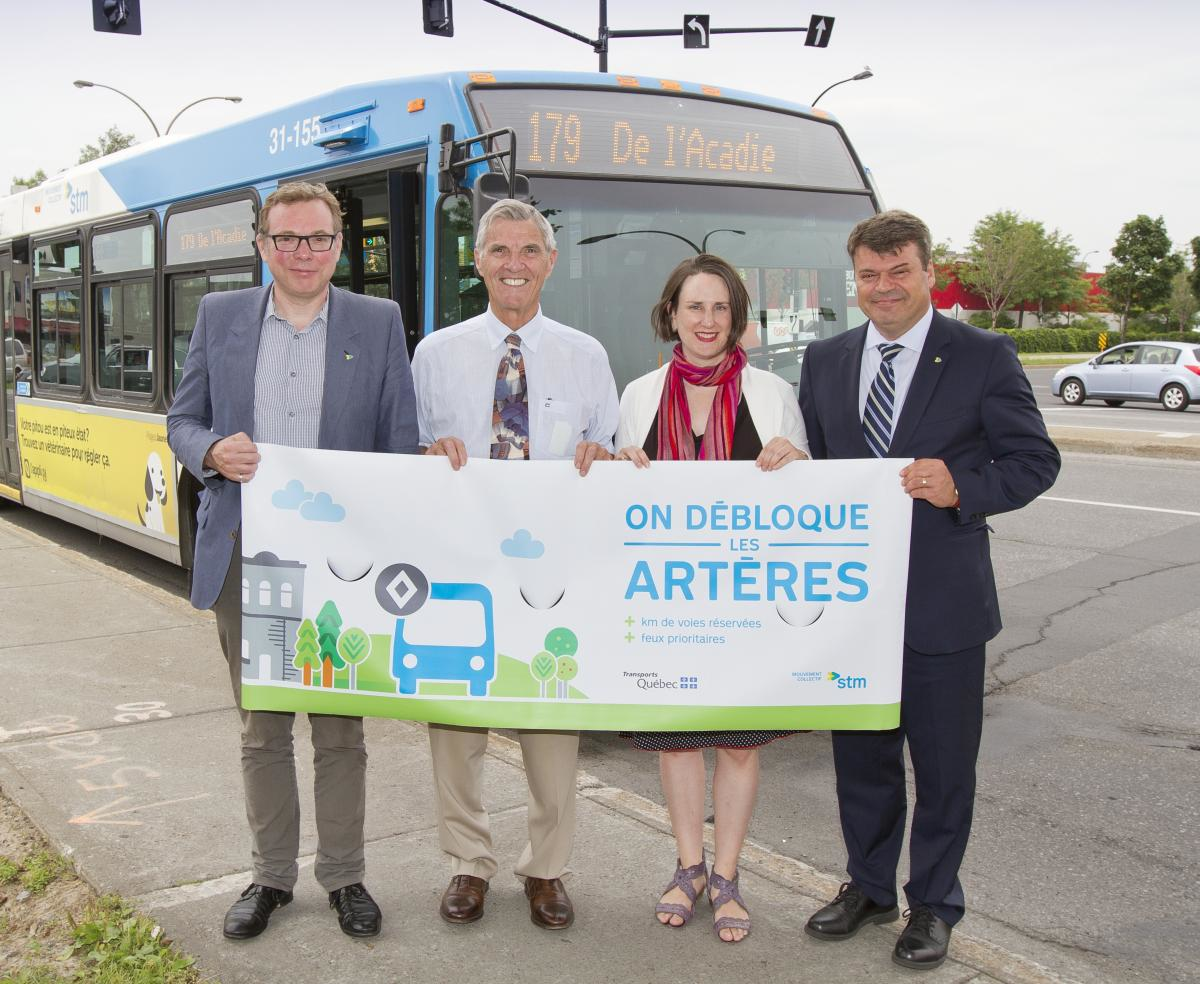 From left to right, Philippe Schnobb, chairman of the STM board of directors; Pierre Gagnier, Mayor of the borough of Ahuntsic-Cartierville and member of the STM Board of Directors; &Eacute;milie Thuillier, Ahuntsic district councilor; Marc B&eacute;langer, Director Planning and Development networks, STM.