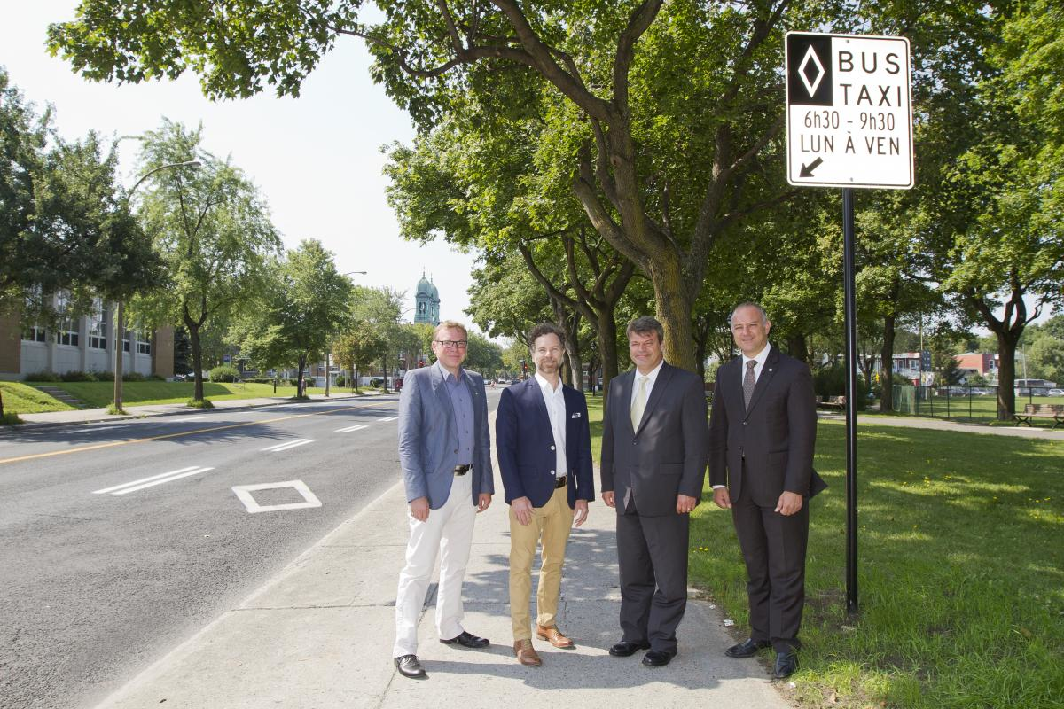 From left to right, Philippe Schnobb, chairman of the STM board of directors; Fran&ccedil;ois William Croteau, mayor of Rosemont - La Petite-Patrie, Marc B&eacute;langer, Director Planning and Development networks, STM; Aref Salem, member of the Executive Committee of the City of Montreal and responsible for transport.