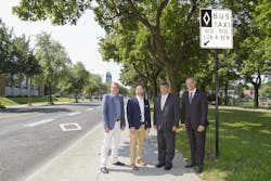 From left to right, Philippe Schnobb, chairman of the STM board of directors; François William Croteau, mayor of Rosemont - La Petite-Patrie, Marc Bélanger, Director Planning and Development networks, STM; Aref Salem, member of the Executive Committee of the City of Montreal and responsible for transport. From left to right, Philippe Schnobb, chairman of the STM board of directors; François William Croteau, mayor of Rosemont - La Petite-Patrie, Marc Bélanger, Director Planning and Development networks, STM; Aref Salem, member of the Executive Committee of the City of Montreal and responsible for transport.