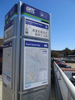 GRTC's new bus stop kiosks visible route information. GRTC's new bus stop kiosks visible route information.