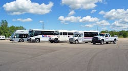 From left to right, hydrogen fuel cell, compressed natural gas, propane Bluebird, propane van and propane service truck from MTA&apos;s fleet.