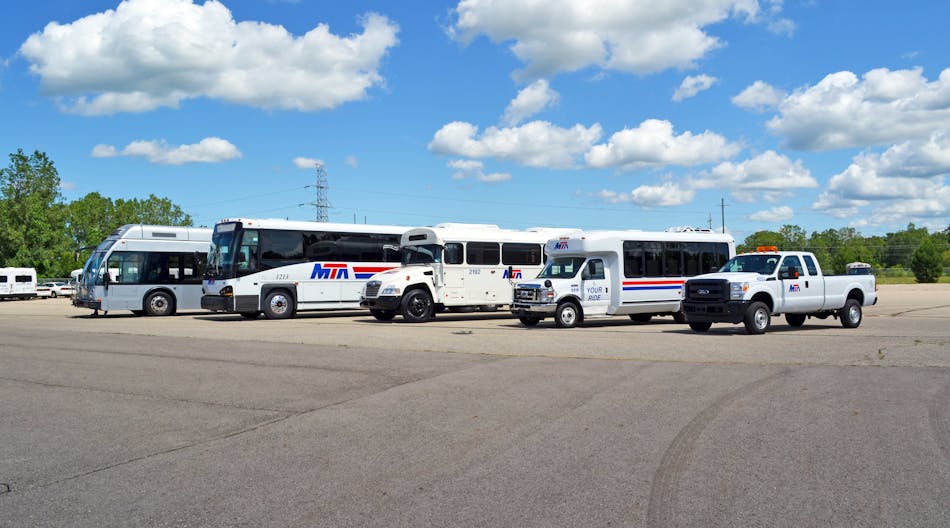 From left to right, hydrogen fuel cell, compressed natural gas, propane Bluebird, propane van and propane service truck from MTA&apos;s fleet.