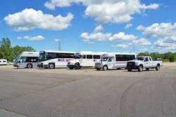From left to right, hydrogen fuel cell, compressed natural gas, propane Bluebird, propane van and propane service truck from MTA's fleet. From left to right, hydrogen fuel cell, compressed natural gas, propane Bluebird, propane van and propane service truck from MTA's fleet.