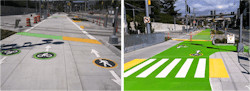 Before and after photos of SW Moody cycletrack and sidewalk improvements looking north.