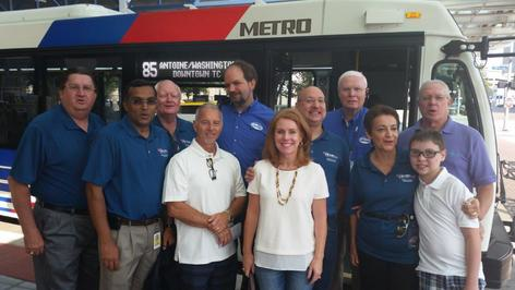 Back row from left to right, Metro President/CEO Tom Lambert, board members Don Elder, Christof Spieler, Chairman Gilbert Garcia, board member Jim Robinson and Mike Lewter (husband of Board member Diann Lewter). Front row, from left to right, board member Sanjay Ramabhadran, Robert Casta&ntilde;eda(husband of) board member Lisa Casta&ntilde;eda, board member Diann Lewter and grandson Mikey Lewter.