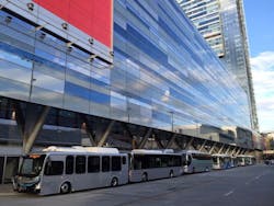 BYD buses line up outside the JW Marriott in Los Angeles. BYD buses line up outside the JW Marriott in Los Angeles.