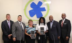 From left to right, Metro Chief Operations Officer Randal Weaver, ATU Local 627 President Troy Miller, SORTA Board Chair Jason Dunn and Metro CEO & GM Dwight A. Ferrell honored Maintenance employee Charlene Brown and Street Service Supervisor JoDawna Miles (center) with a CEO STAR Award for their outstanding actions, which may have saved the life of a passenger. From left to right, Metro Chief Operations Officer Randal Weaver, ATU Local 627 President Troy Miller, SORTA Board Chair Jason Dunn and Metro CEO & GM Dwight A. Ferrell honored Maintenance employee Charlene Brown and Street Service Supervisor JoDawna Miles (center) with a CEO STAR Award for their outstanding actions, which may have saved the life of a passenger.