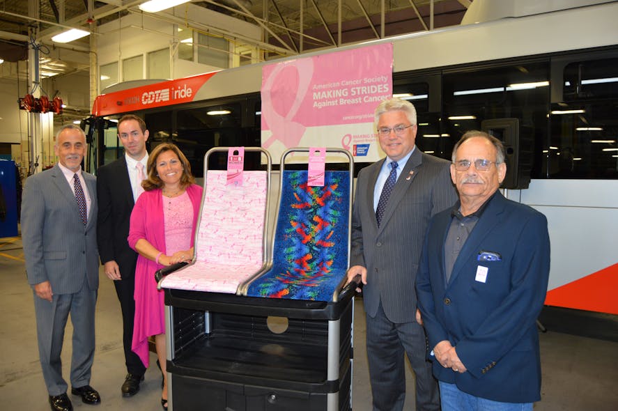 From left to right, CDTA CEO Carm Basile, Senior Market Manager for the American Cancer Society Capital Region Jeff Winters, Breast Cancer Survivor and American Cancer Society Board of Advisors Member Ann Marie Lizzi, CDTA Board Chairman David M. Stackrow, and CDTA Board Member Joseph M. Spairana, Jr.