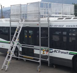 The platform allows for access to bus rooftops and sidewalls. The platform allows for access to bus rooftops and sidewalls.