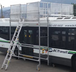 The platform allows for access to bus rooftops and sidewalls.