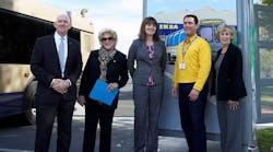 L-R: Larry Brown, RTC chairman and Clark County commissioner; Carolyn Goodman, RTC board member and mayor of the city of Las Vegas; Michelle Johnston, clinical director of U.S. VETS &ndash; Las Vegas; Joseph Roth, IKEA public affairs manager; and Susan Brager, Clark County commissioner gather in front of the transit shelter and featured artwork that will be placed along new Route 121 &ndash; Durango/Buffalo.