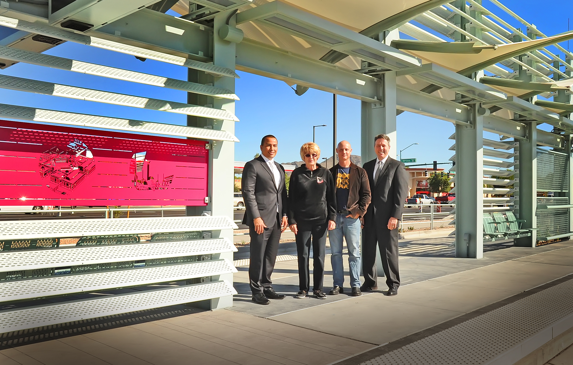 (from left): Phoenix Vice Mayor, Daniel Valenzuela, Phoenix Councilmember and Valley Metro Rail Board Chair, Thelda Williams, Matthew Salenger, local artist, Superintendent Dr. Paul Stanton, Washington Elementary School District