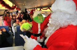 On Saturday, December 12, two specially decorated Coaster trains will offer a round-trip ride with Santa and his friends by North County Transit District. On Saturday, December 12, two specially decorated Coaster trains will offer a round-trip ride with Santa and his friends by North County Transit District.