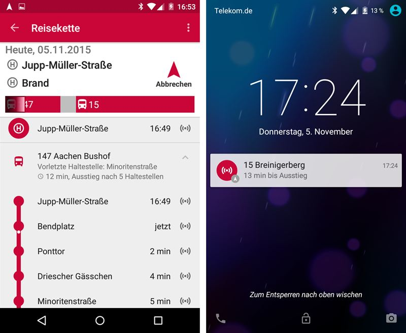 ASEAG Mobil for Android now includes a virtual trip companion with a notification function. The basis is the new version of IVU.realtime.app from IVU Traffic Technologies AG.