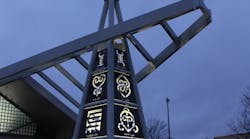 The Adinkra symbols and the words they represent are water-jet cut out of 20 aluminum panels, which are installed vertically along the four columns of the tower.