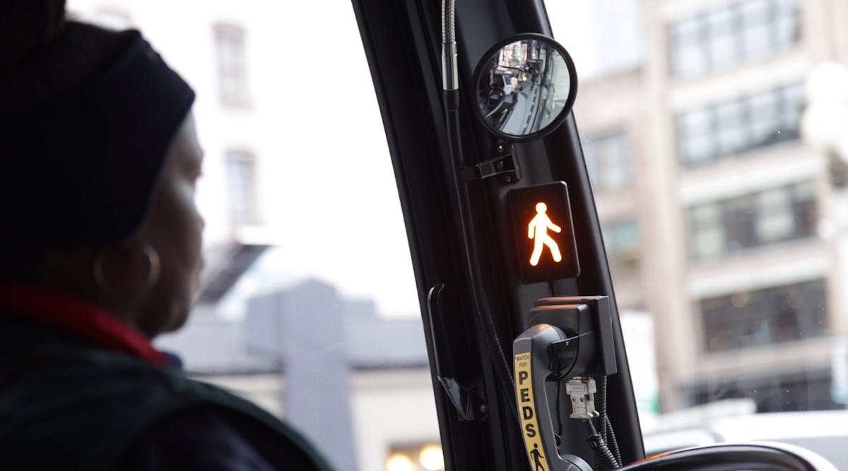 The driver assistance technology, called Mobileye Shield+ by Rosco Vision Systems, uses four bus-mounted vision sensors to identify and alert bus drivers when pedestrians, cyclists or vehicles are in close proximity to a bus.