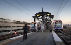 The first line of the Lynx Blue Line light rail system is 9.6 miles long. The first line of the Lynx Blue Line light rail system is 9.6 miles long.