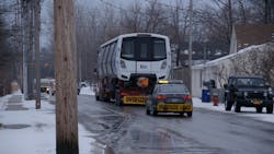 Train car number 3001x was carefully strapped to a flatbed truck before departing for its 3600 mile trip home to the Bay Area. Train car number 3001x was carefully strapped to a flatbed truck before departing for its 3600 mile trip home to the Bay Area.