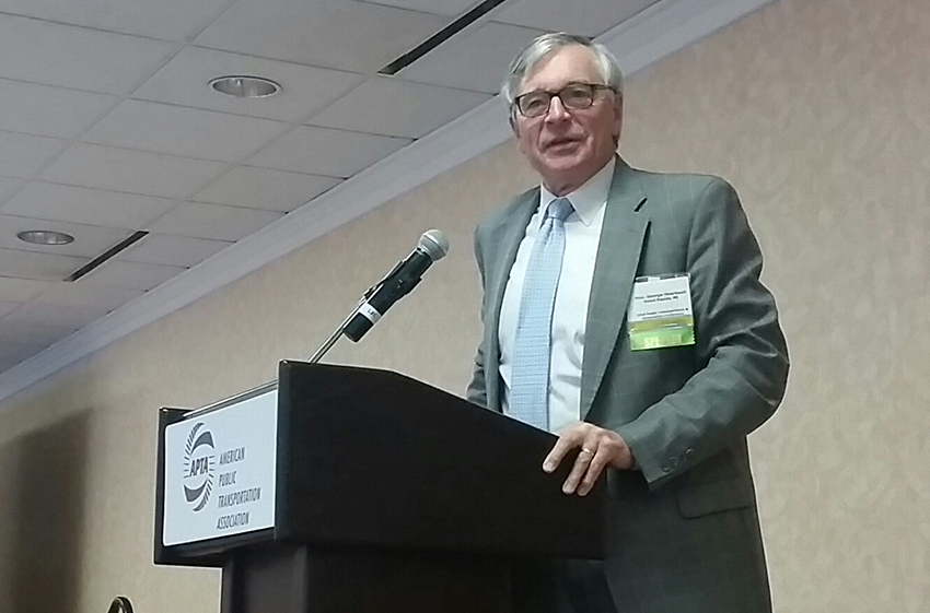 Former Grand Rapids Mayor George Heartwell sharing highlights of how transit agency and university partnerships have played a transformative role in Grand Rapids at the APTA Public Transportation & Universities Conference.