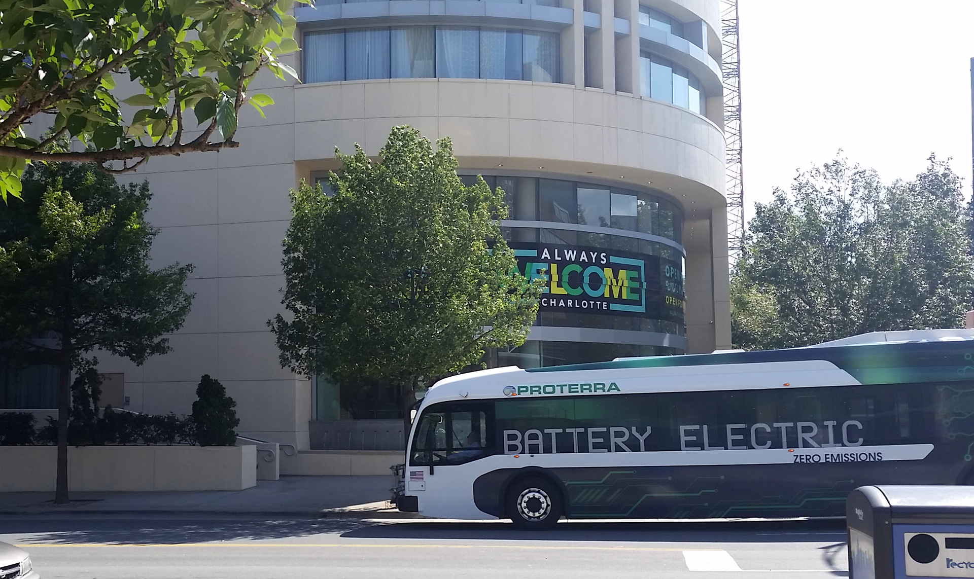 An 'Always Welcome' banner hangs on the front of a hotel in Charlotte as part of the city's promotional campaign, launched to communicate how Charlotte values diversity and equality.