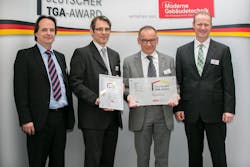 (from the left): Dr Matthias Schmitt from Zentralverband K&auml;lte Klima W&auml;rmepumpen e. V., Christian Bressel and Klaus Rauer from the Rauer Planung engineering firm, and Dr Armin Walz from Bitzer at the award ceremony.