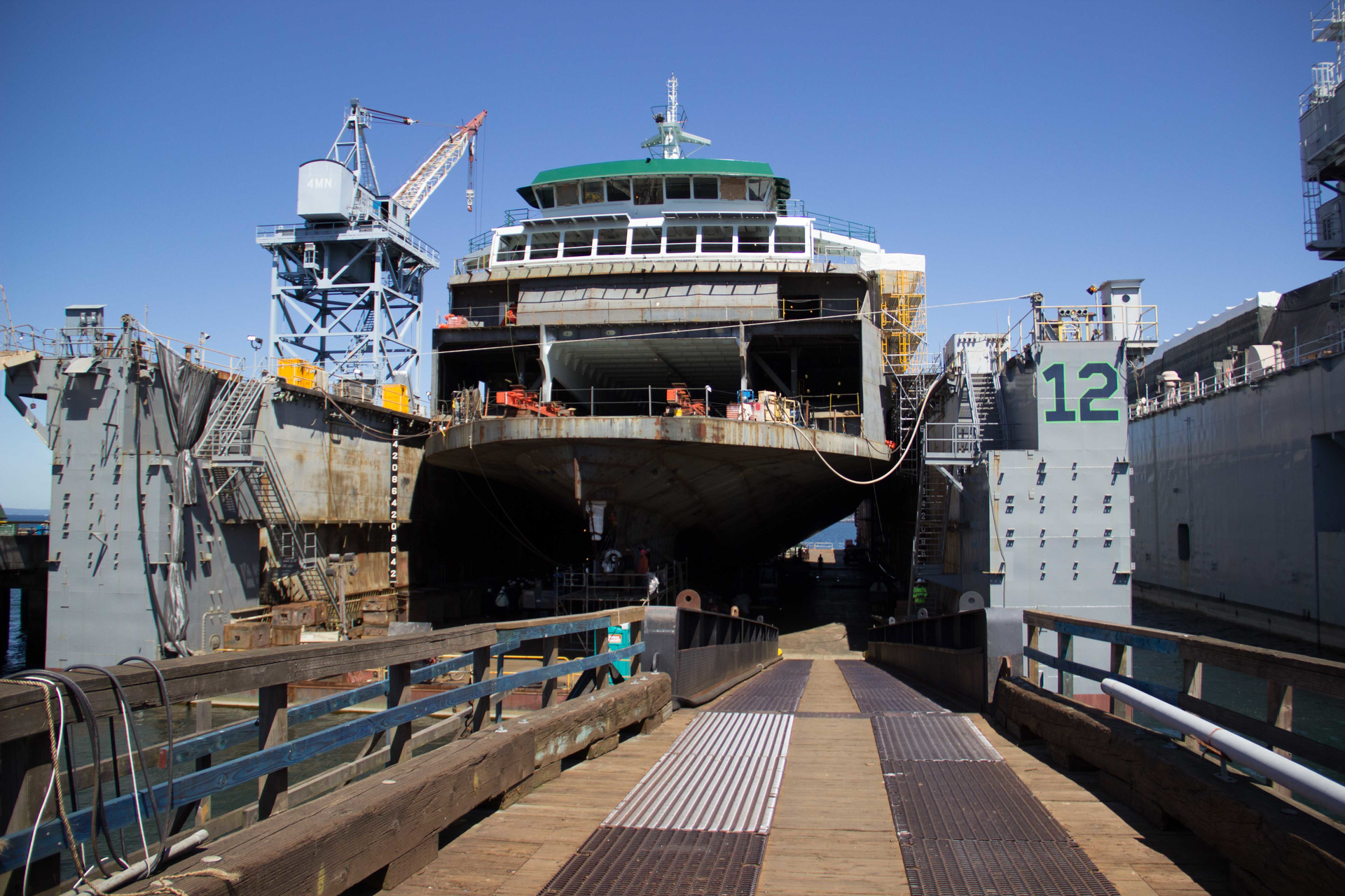 Work continues on the joined M/V Chimacum as it sits in dry dock at Vigor Industrial. Guests were invited to tour the vessel following the celebratory keel laying of the M/V Suquamish. It is estimated that the M/V Chimacum will be ready to enter the water in July.