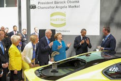 The Harting family greeting the two heads of state: Margrit Harting, Maresa Harting-Hertz, Dietmar Harting, Angela Merkel, Barack Obama, Philip Harting (from left to right).
