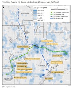 The shading on this map shows employment concentrations along the proposed Southwest LRT line and regional destinations on existing METRO Green and Blue Lines and planned Blue Line Extension. The shading on this map shows employment concentrations along the proposed Southwest LRT line and regional destinations on existing METRO Green and Blue Lines and planned Blue Line Extension.