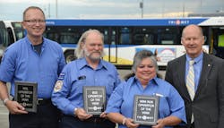 — (L-R) Jeffery Evans, MAX Operator of the Year; Alex Ohly, Bus Operator of the Year; Justina Carrillo, Part-Time Operator of the Year, join TriMet General Manager Neil McFarlane. — (L-R) Jeffery Evans, MAX Operator of the Year; Alex Ohly, Bus Operator of the Year; Justina Carrillo, Part-Time Operator of the Year, join TriMet General Manager Neil McFarlane.