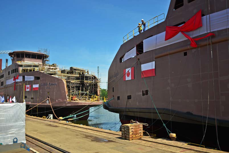 BC Ferries&rsquo; Salish Raven and Salish Eagle before the official ceremony begins at Remontowa Shipbuilding S.A. in Gdansk, Poland.