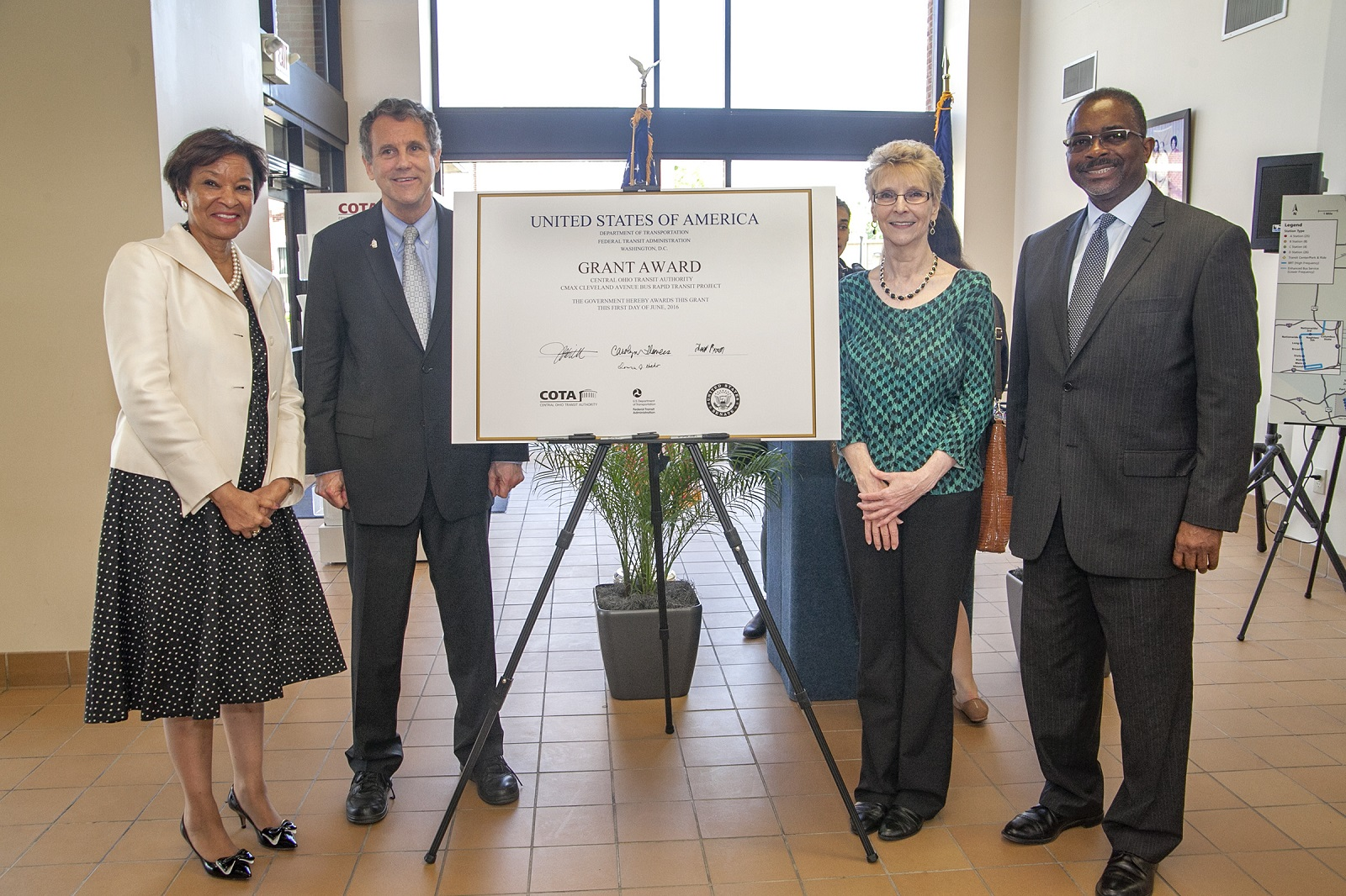 (pictured left to right): FTA Acting Administrator Carolyn Flowers; U.S. Sen. Sherrod Brown; Greater Linden Development Corporation Executive Director donna Hicho; and COTA President/CEO W. Curtis Stitt.