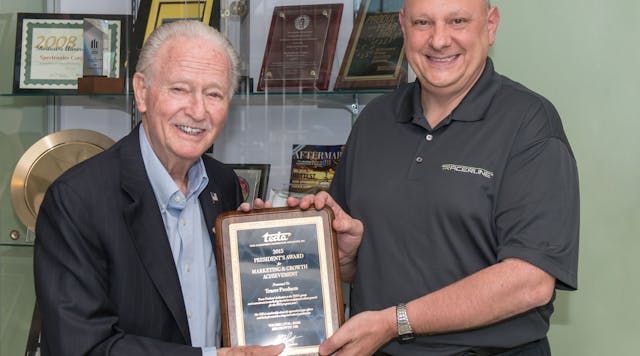 Accepting the award are Tracer Products&rsquo; Gary Testa (right), featured with Spectronics&rsquo; founder and chairman Bill Cooper (left). In 1955, Cooper invented fluorescent leak detection for the automotive industry.